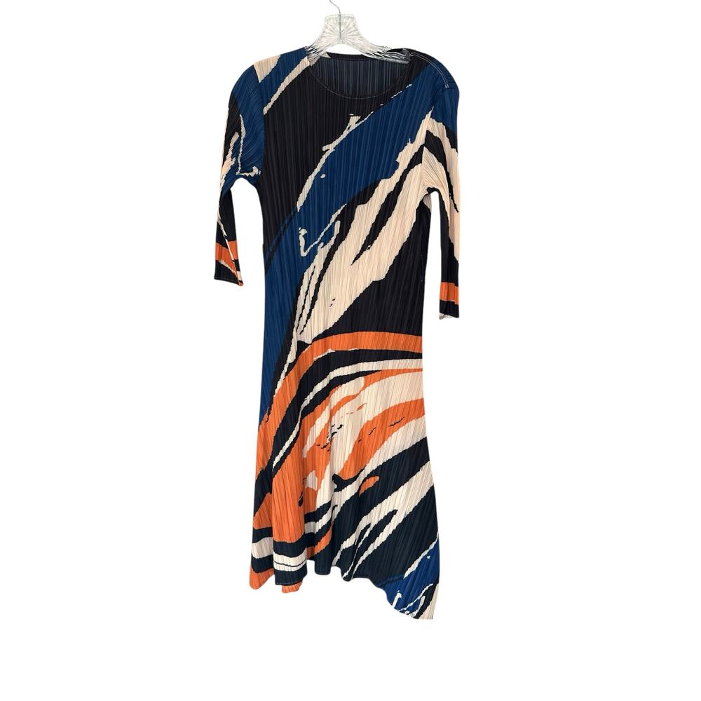 New with Tags Kelly Obi New York Orange Blue Accordion Stretch Party Midi Dress